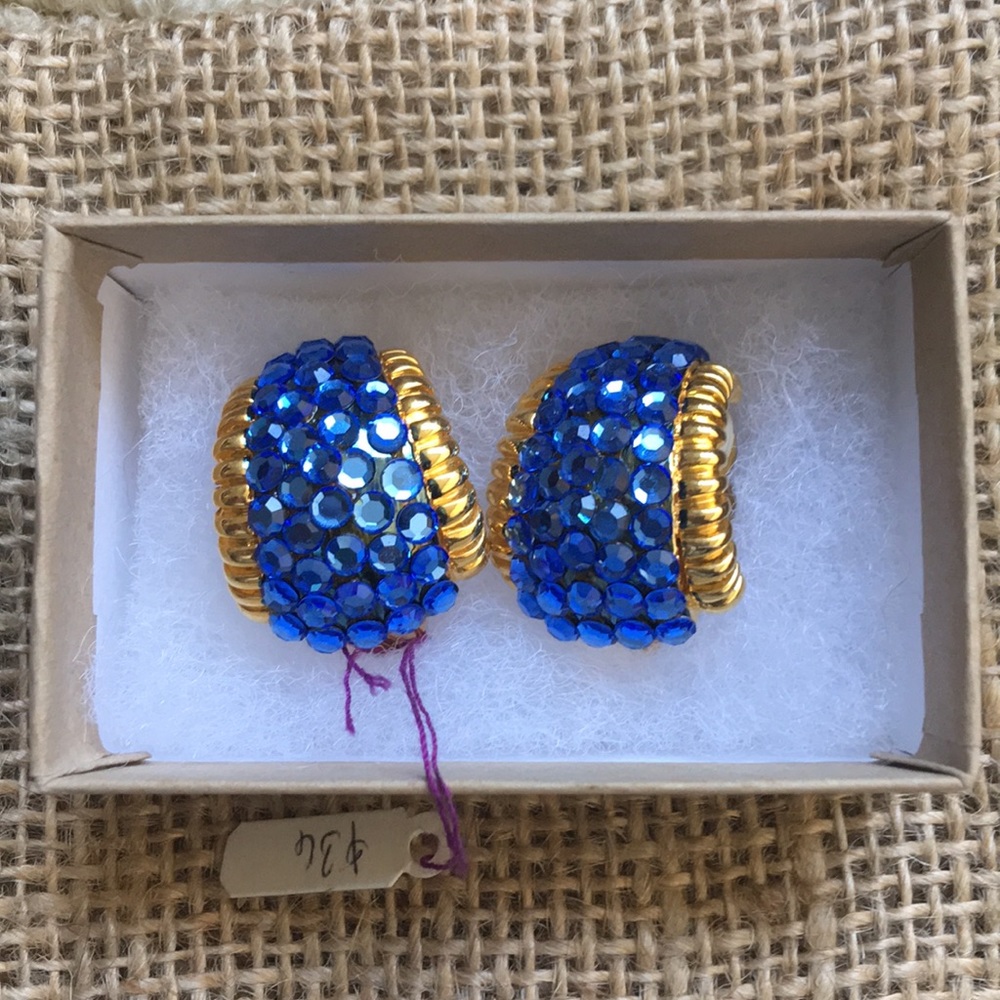 Blue rhinestone and gold clip on earrings